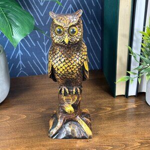 Vintage Pearlite Stone Owl Figurine with Glass Eyes, Canadian Wildlife Carving